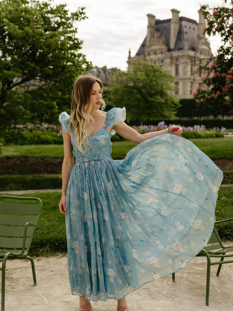 blue watercolor floral maxi dress with flutter sleeves