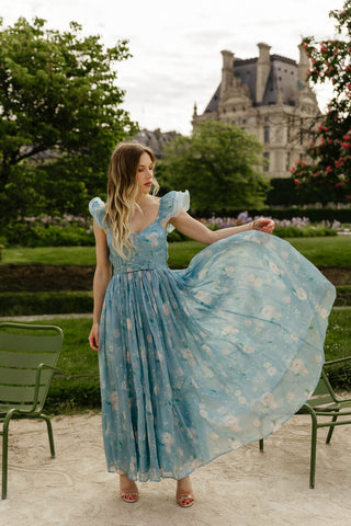 blue watercolor floral maxi dress with flutter sleeves