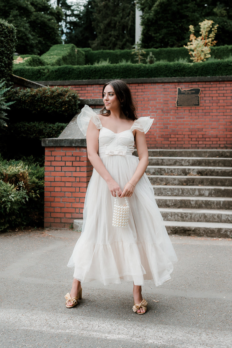 orsay cream midi dress with bow detail for bridal shower