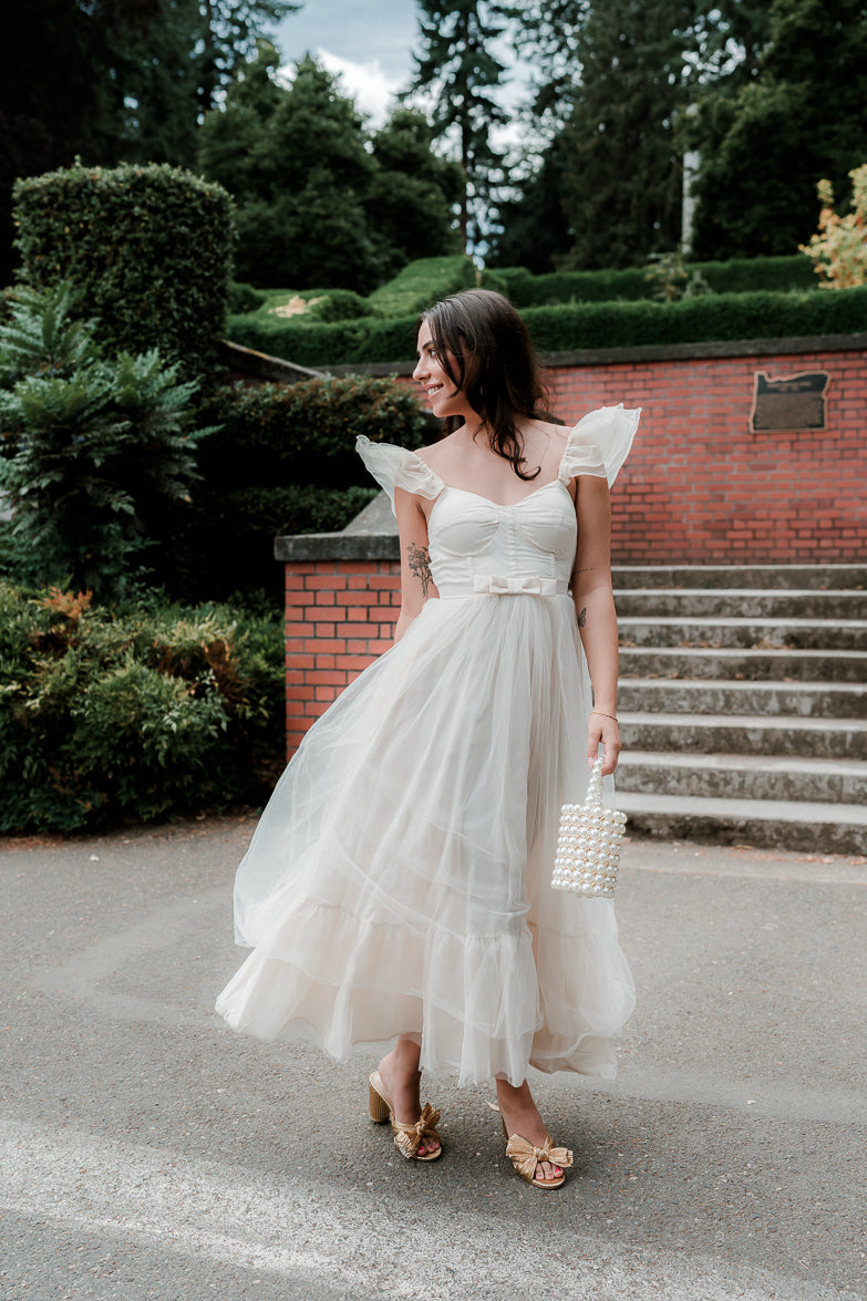 orsay cream midi dress with bow detail for bridal shower