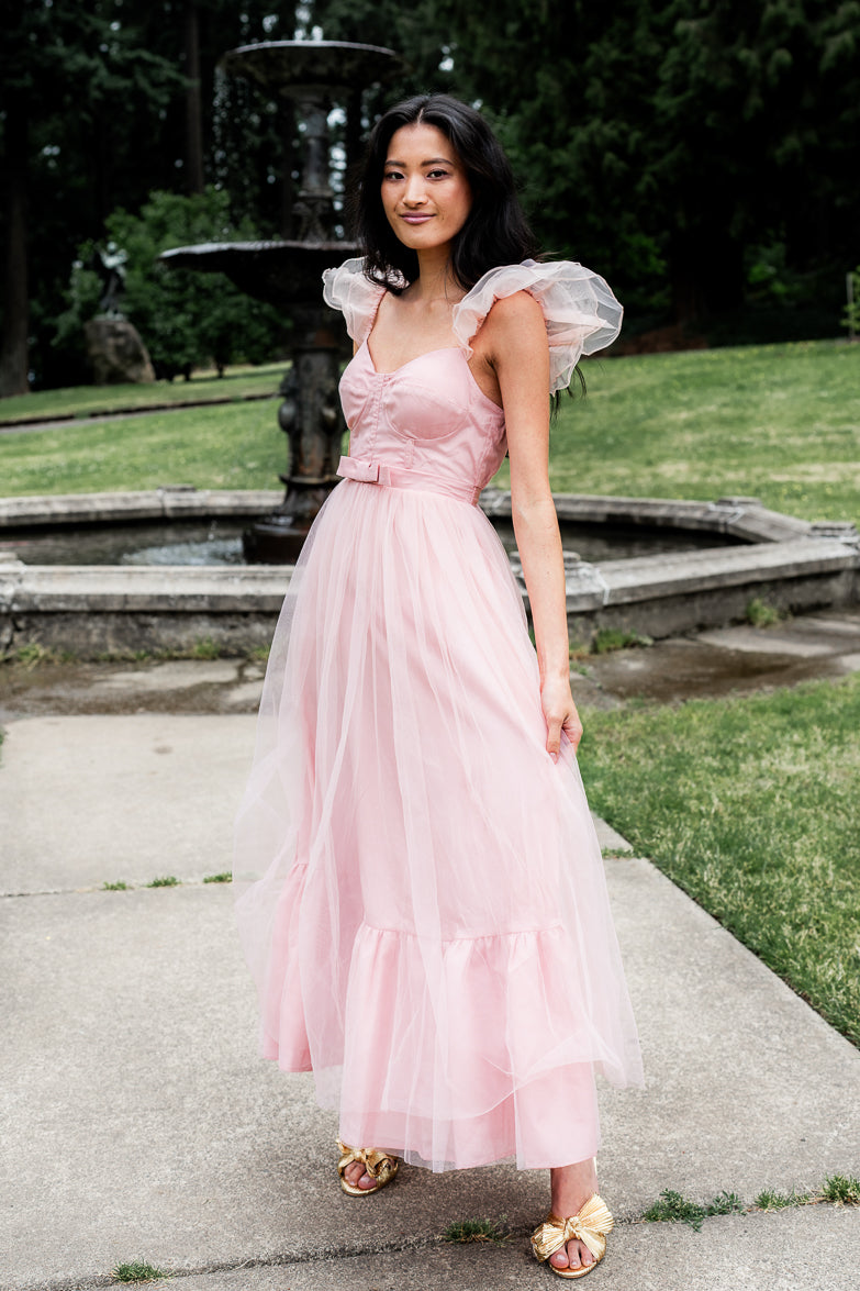 orsay pink midi dress with bow belt, pink bridesmaids dress