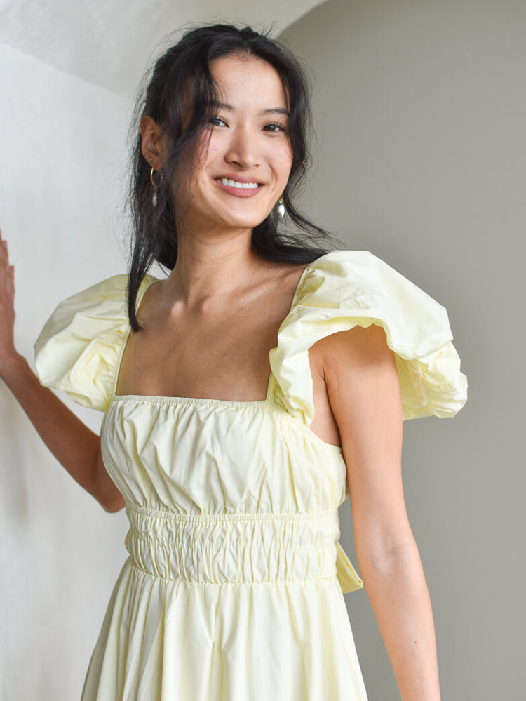 Polly Butter Yellow Puff Sleeve Midi Dress