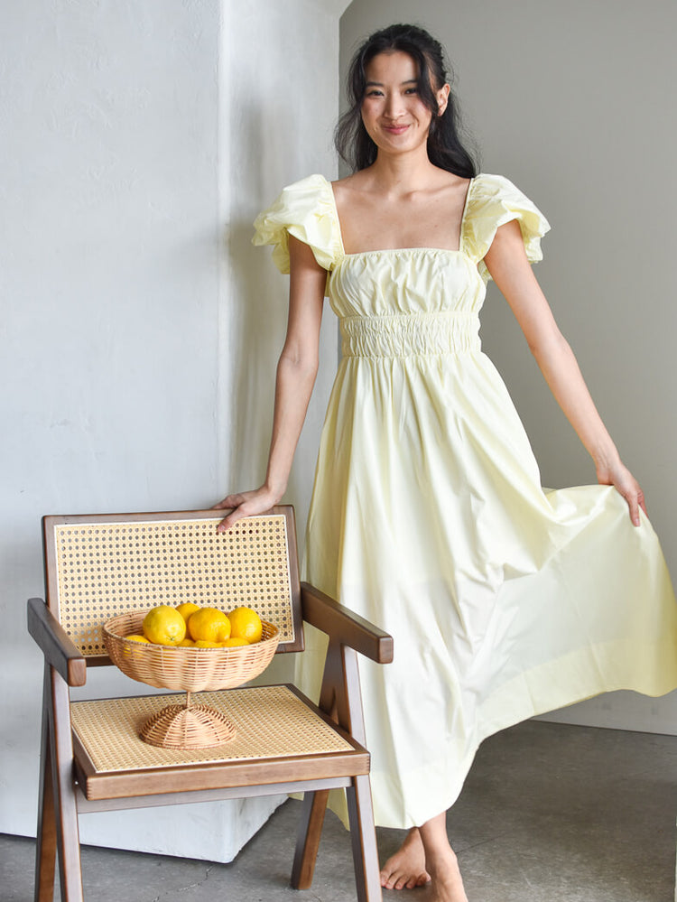 Polly Butter Yellow Puff Sleeve Midi Dress