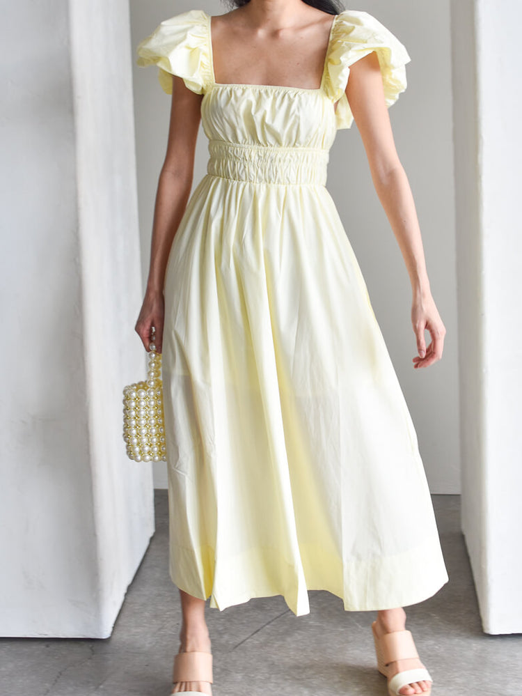 Polly Butter Yellow Puff Sleeve Midi Dress