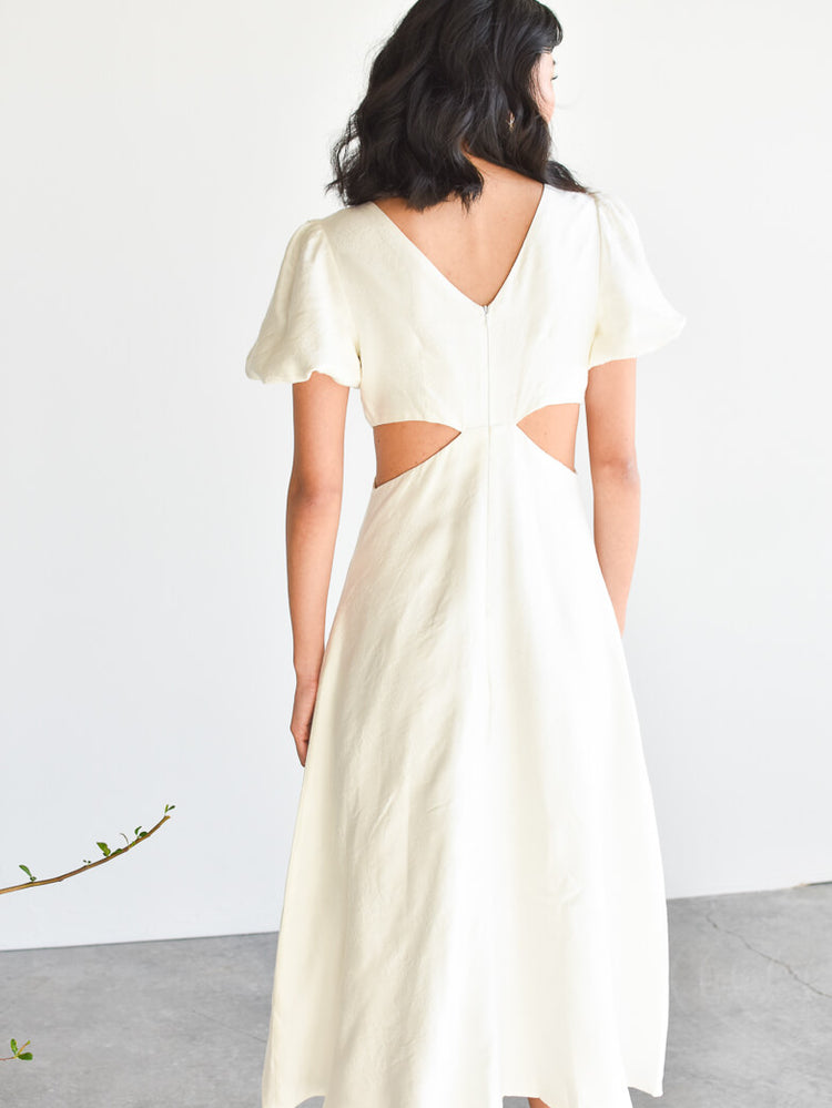 Poppy Ivory Brocade Puff Sleeve Cutout Midi Dress