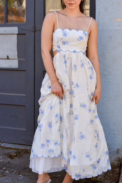 Floral Blue Summer Dress For Wedding Rebecca White Floral Maxi Dress L Floral Blue Summer Dress For Wedding Rebecca White Floral Maxi Dress L