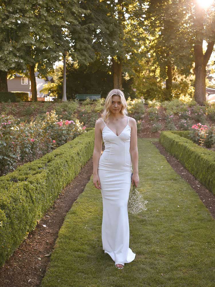 model wearing sleek bridal gown