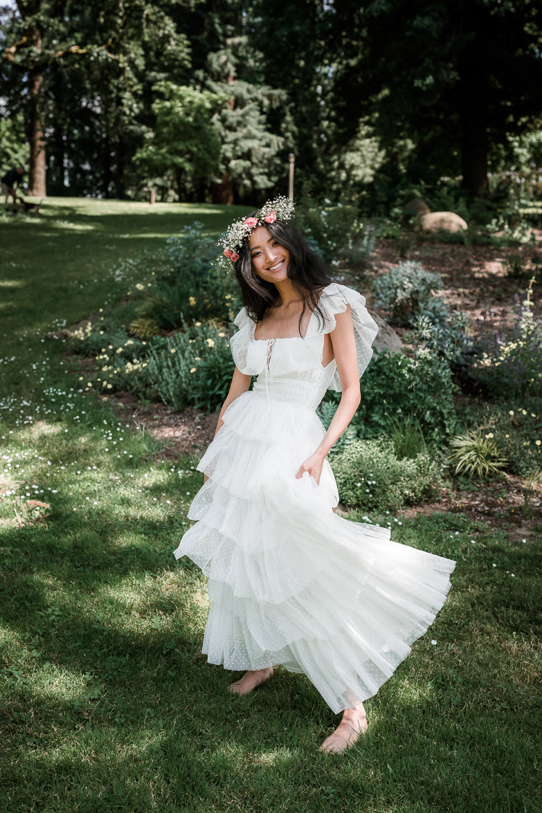 white swiss dot tiered tulle maxi dress with smocked waist