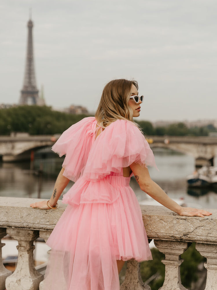 pink tulle mini dress with train for paris engagement photo dress