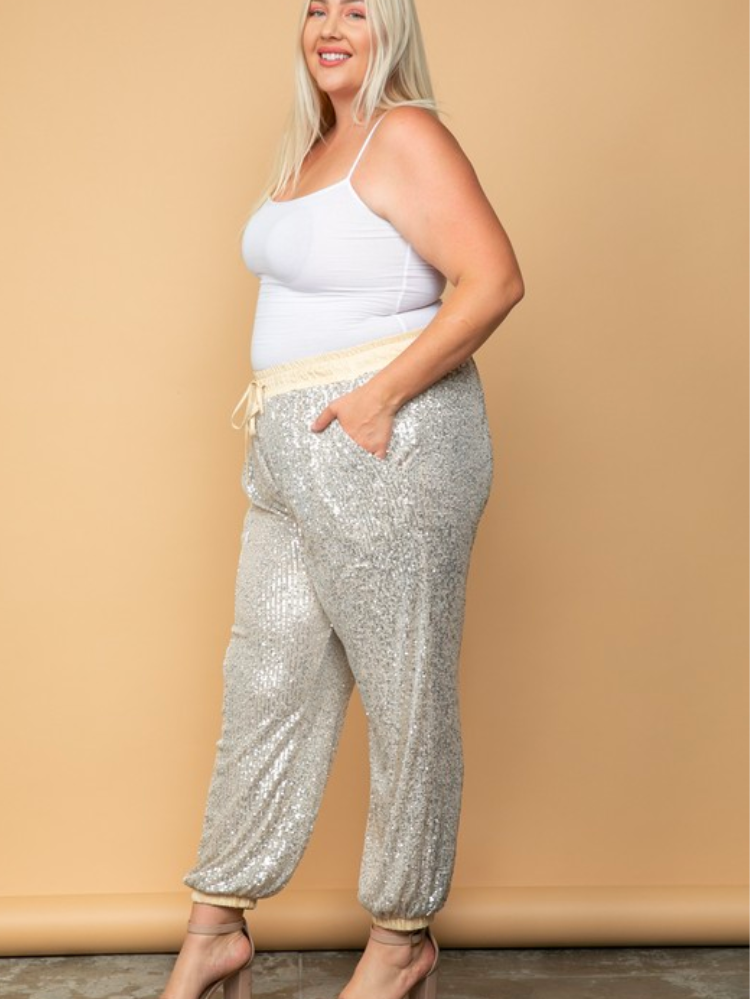 Champagne Gold Sequin Joggers-Style Trousers | SilkFred UAE
