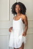 white 3d feather embellished mini dress with spaghetti straps and a bow back