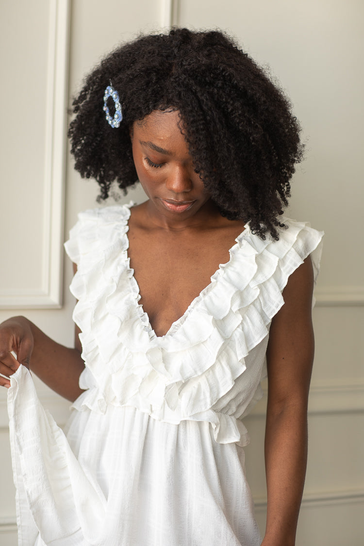 White dress clearance with frills