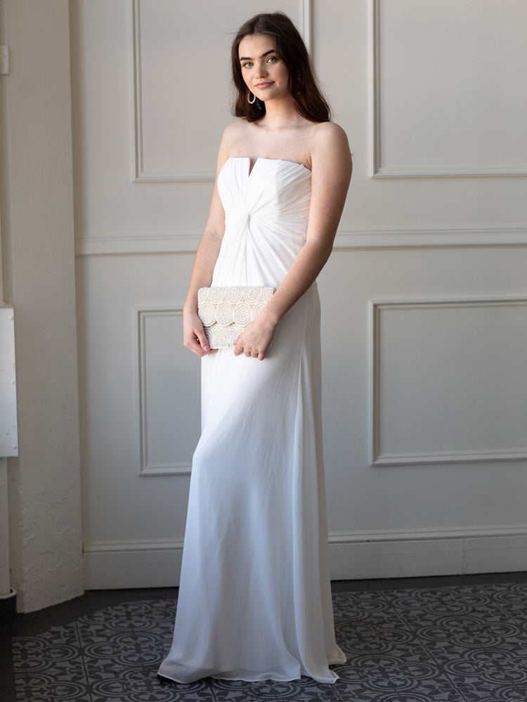 white strapless column dress, white rehearsal dinner maxi dress, strapless rehearsal dinner dress