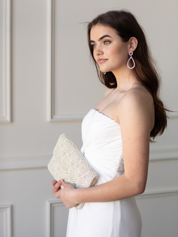 white and silver beaded scalloped bridal clutch