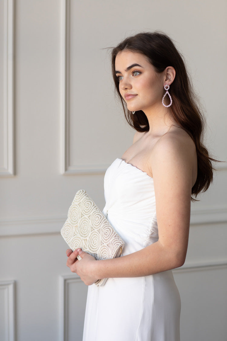 white and silver beaded scalloped bridal clutch