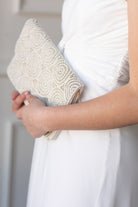 white and silver beaded scalloped bridal clutch