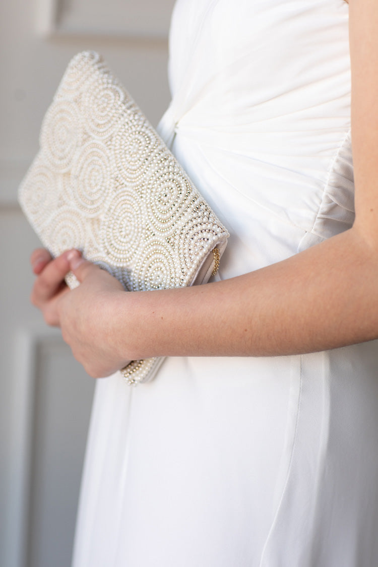 white and silver beaded scalloped bridal clutch