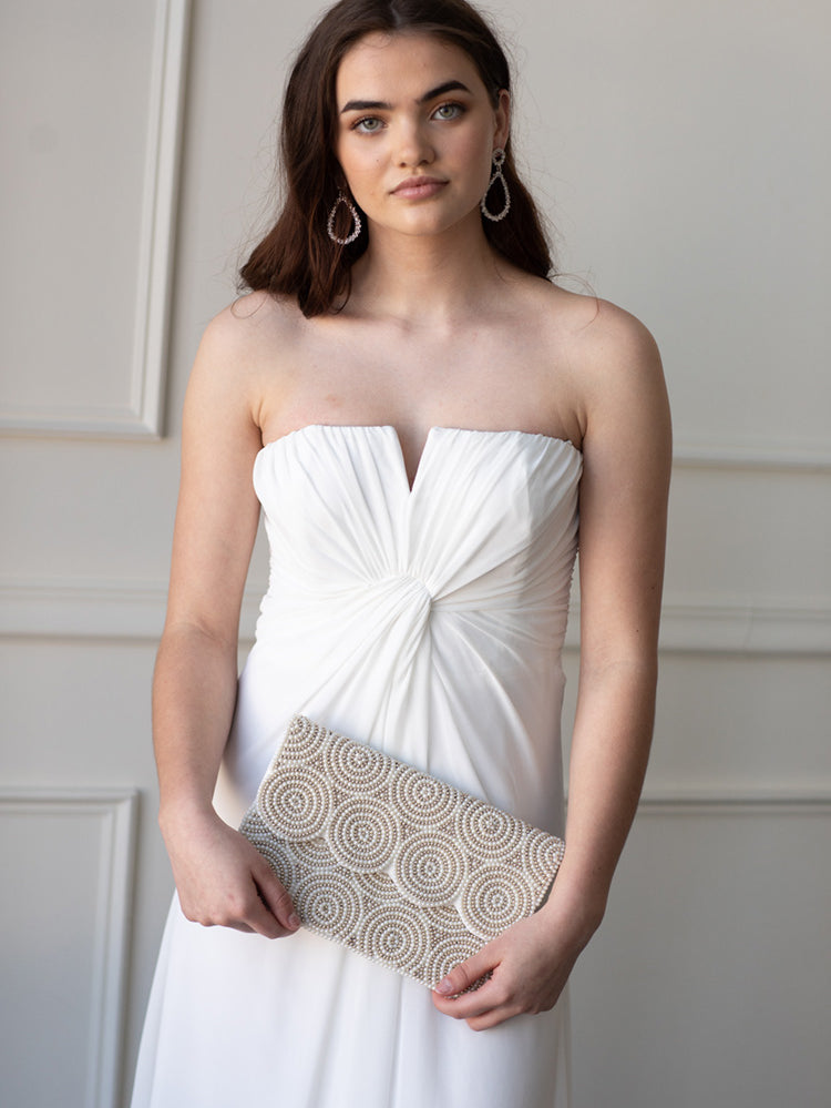 white and silver beaded scalloped bridal clutch