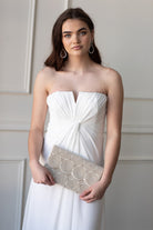 white and silver beaded scalloped bridal clutch