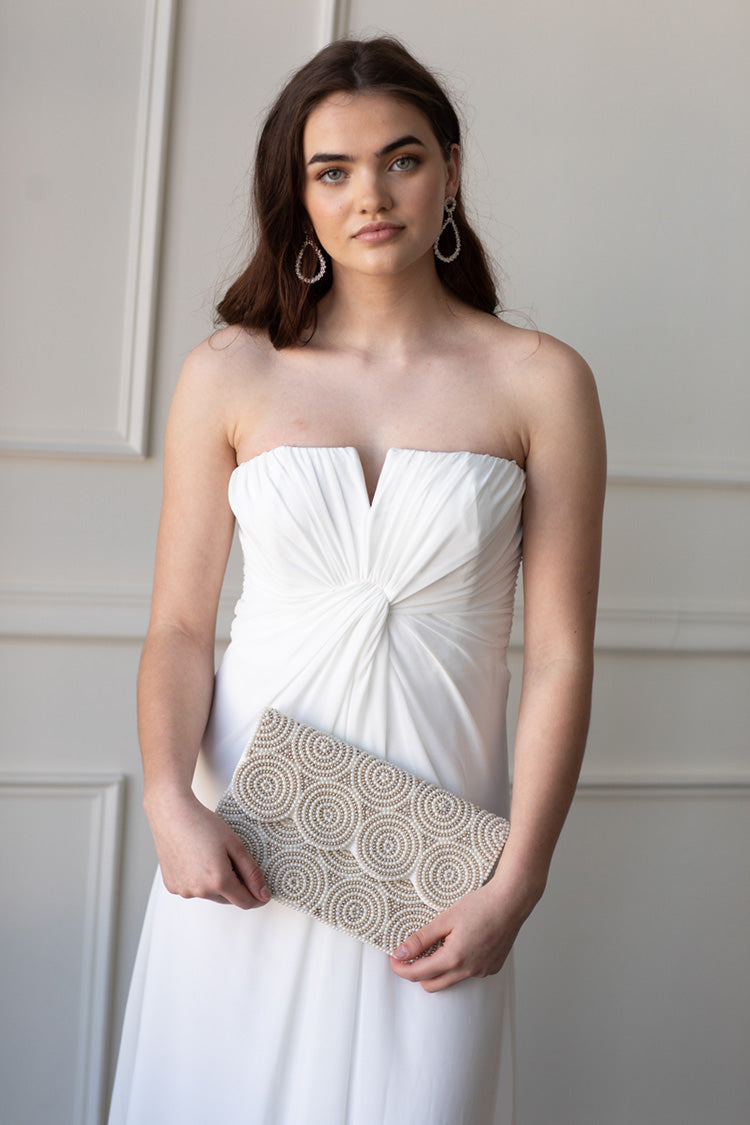 white and silver beaded scalloped bridal clutch