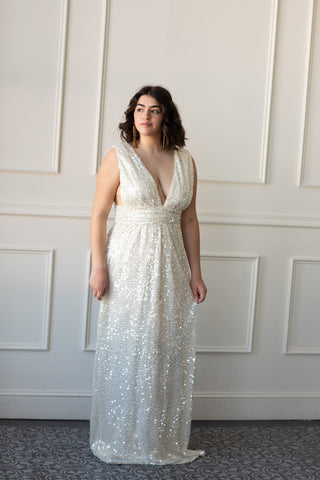 Cream Sequin V-Neck Column Dress, Rehearsal Dinner dress, wedding after-party look, bridal plus