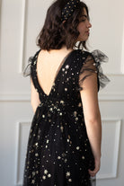 Black Sequin Star Mesh Ruffle Maxi Dress