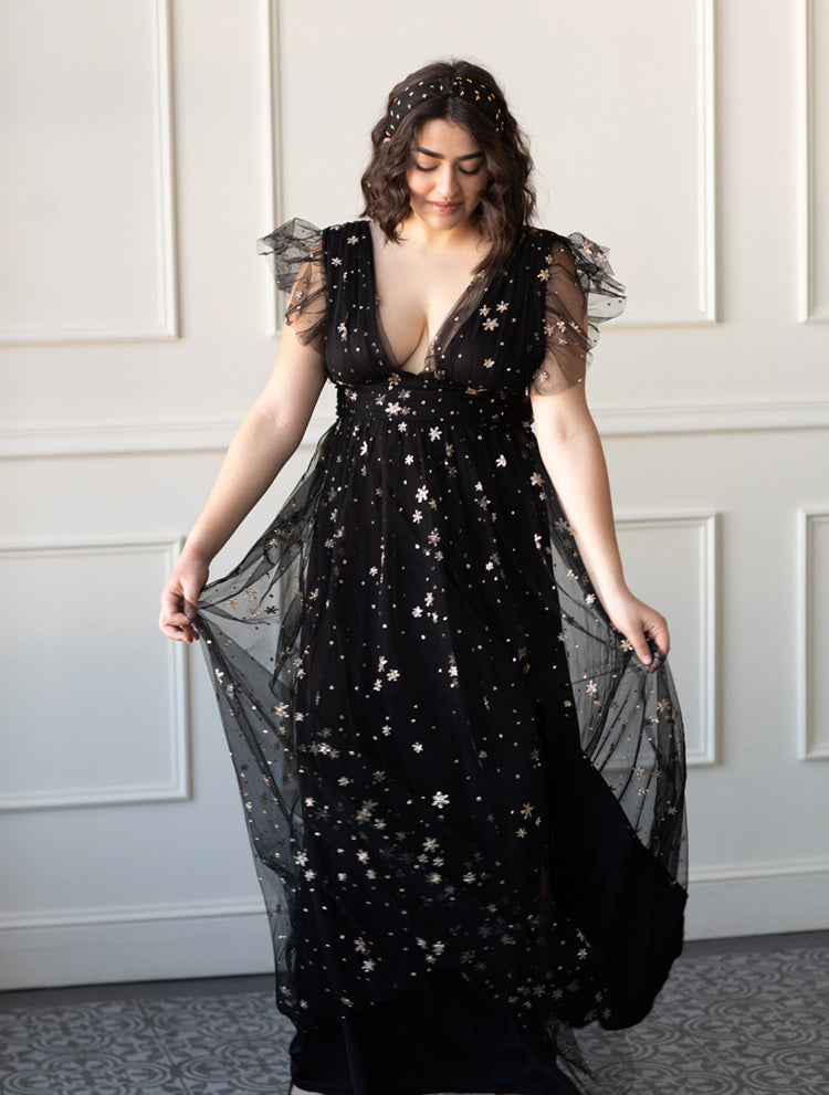 Black Sequin Star Mesh Ruffle Maxi Dress