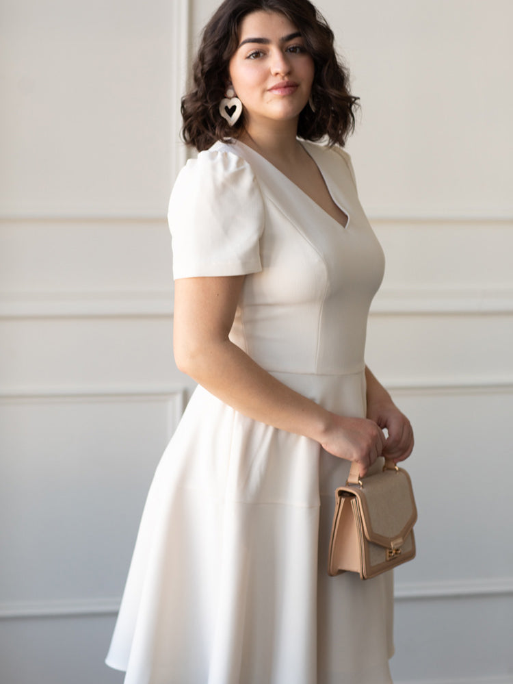 cream cap sleeve v-neck a-line knee length dress from Gal Meets Glam, bridal plus