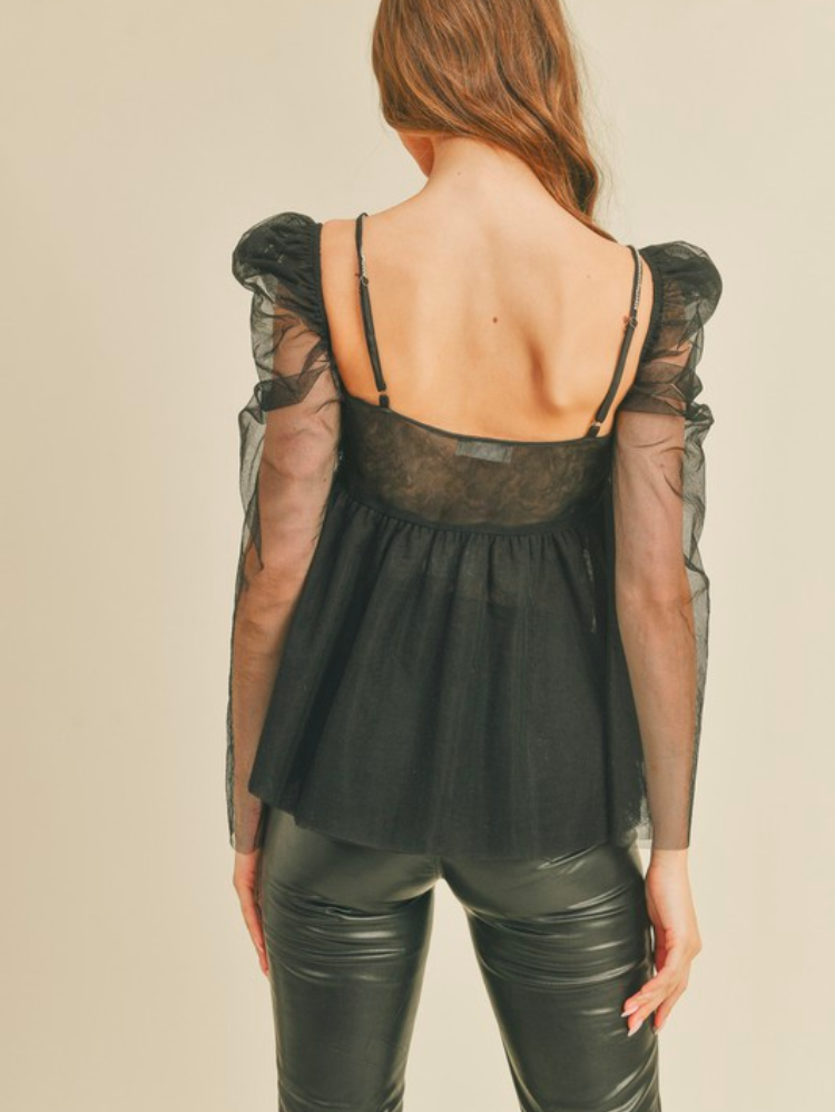 black tulle top with rhinestone straps
