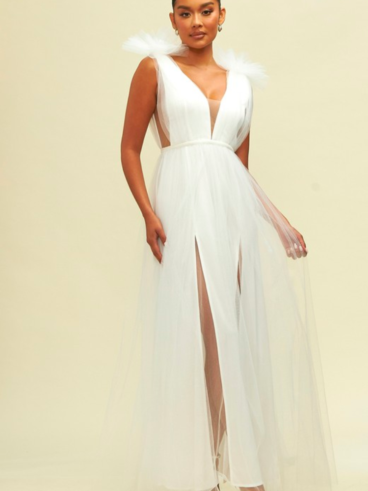 white tulle maxi dress with deep v and decorative shoulder detail
