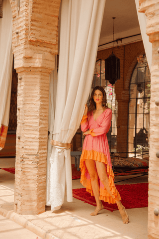 aline marbella tie and dye high low maxi dress, orange and pink high low maxi