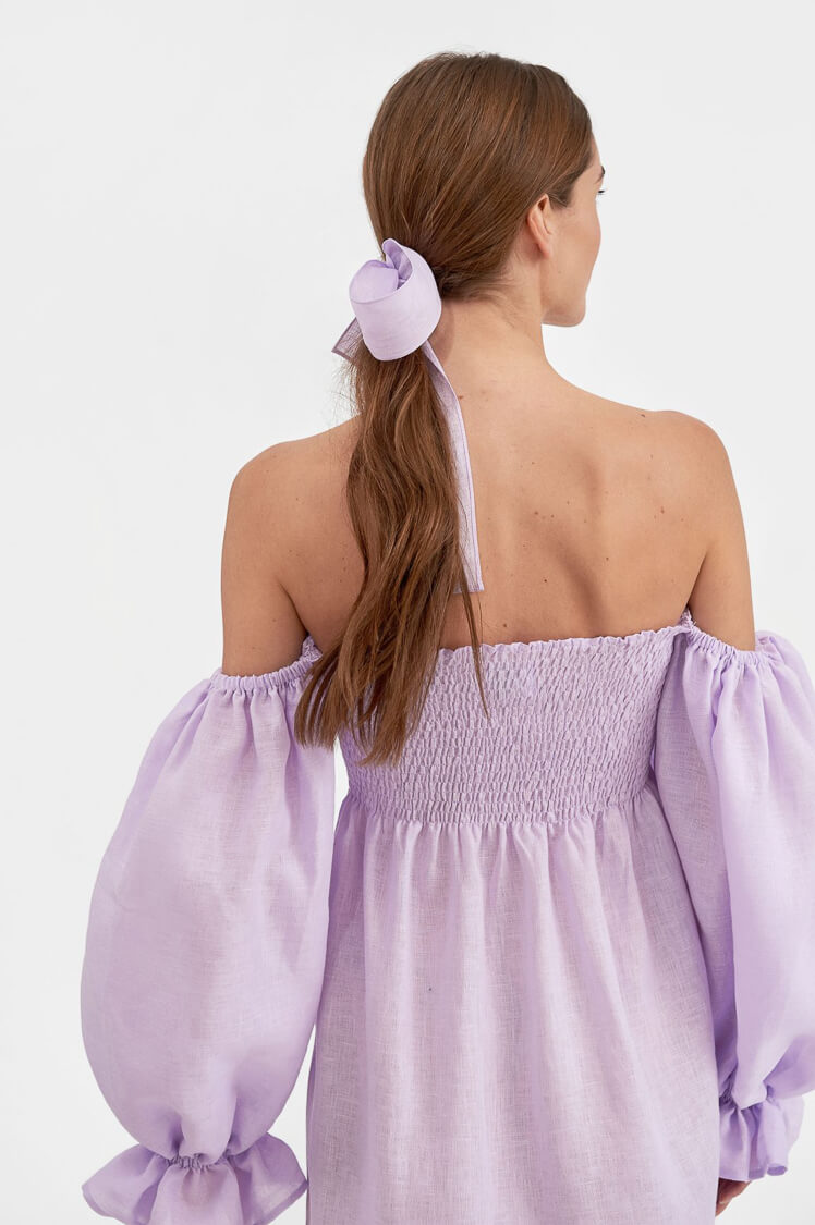 Smocked Lavender Linen Dress DREAM Cropped 2024 Sleeves Light Purple Prewashed Linen Dress