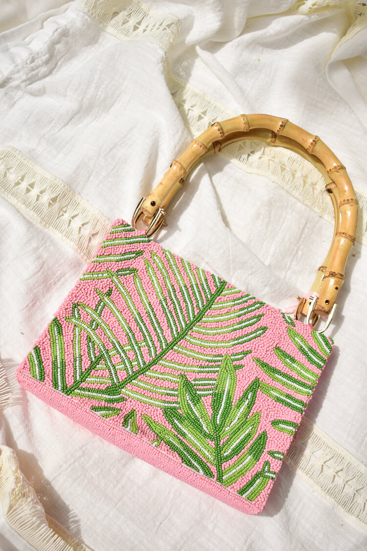 Beaded Palm Leaf Bag with Bamboo Handles