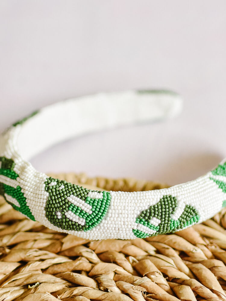 Beaded White and Green Palm Leaf Headband