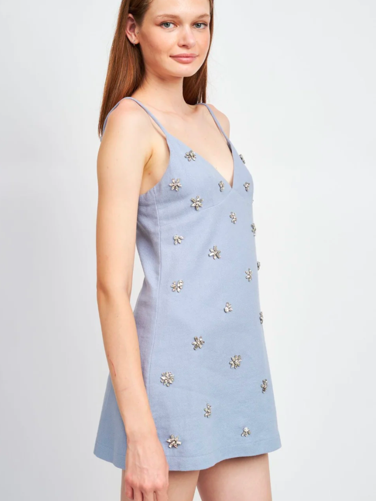 bijou light blue mini dress with crystal studs en saison