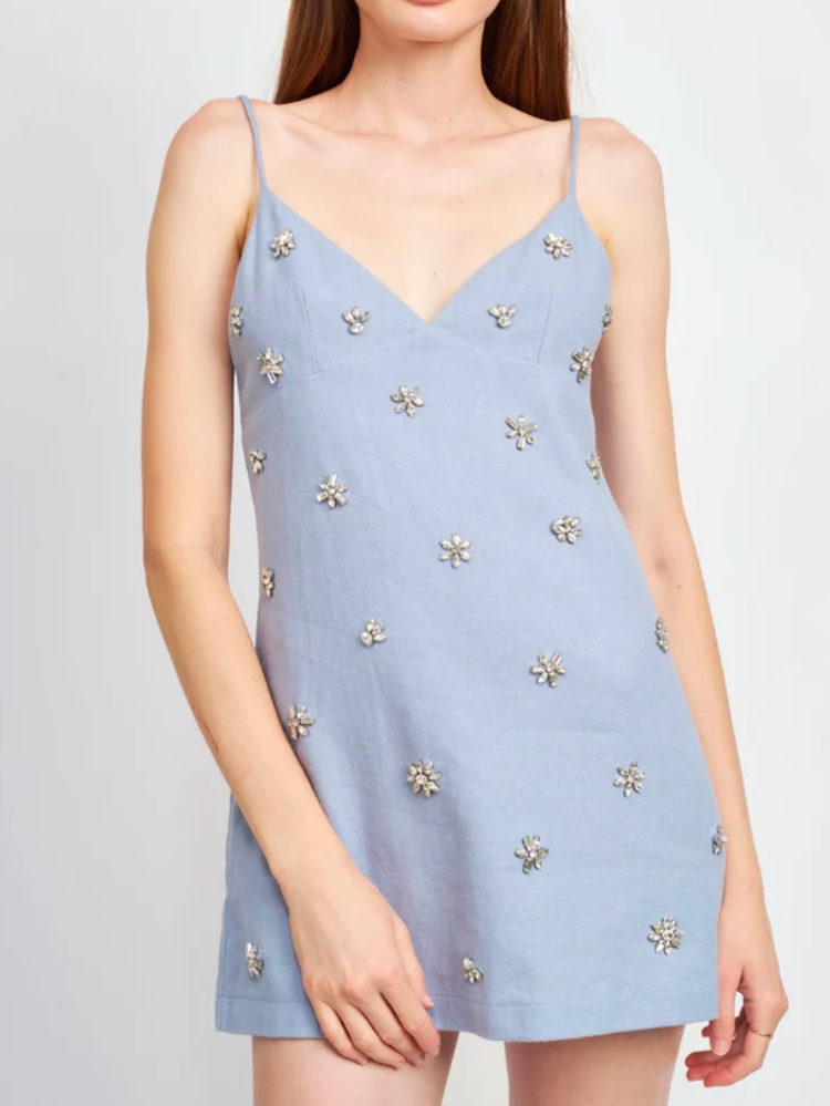 bijou light blue mini dress with crystal studs en saison