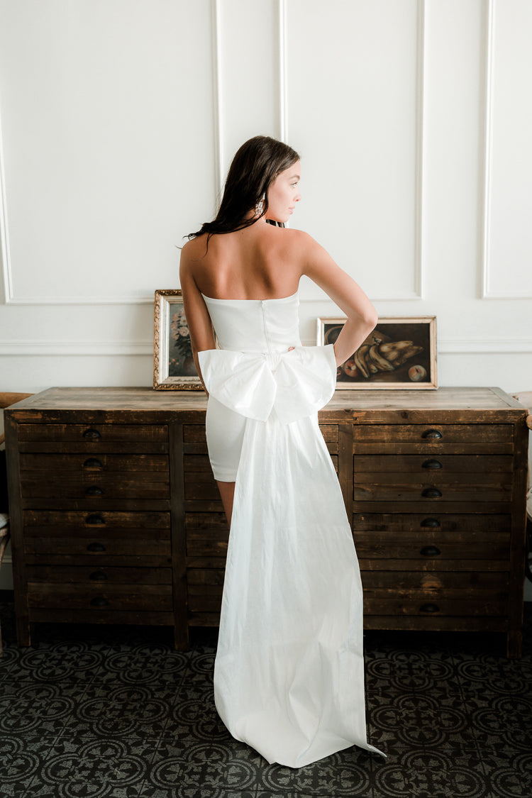 Blakely Bow Back Mini Dress with Train