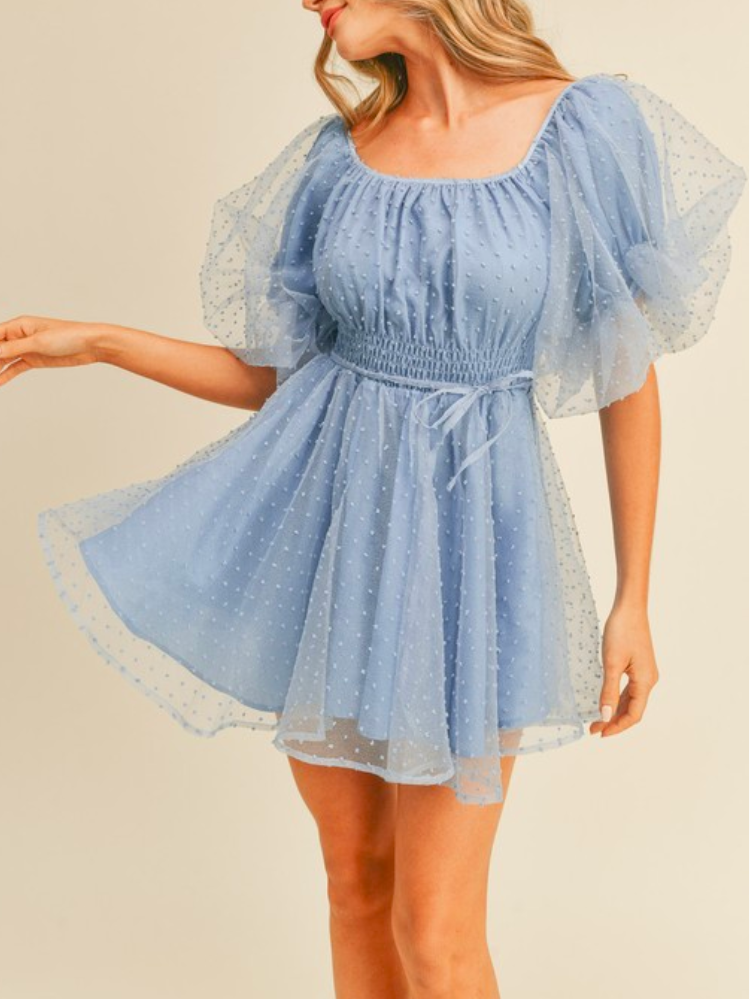 blue swiss dot bubble hem mini dress