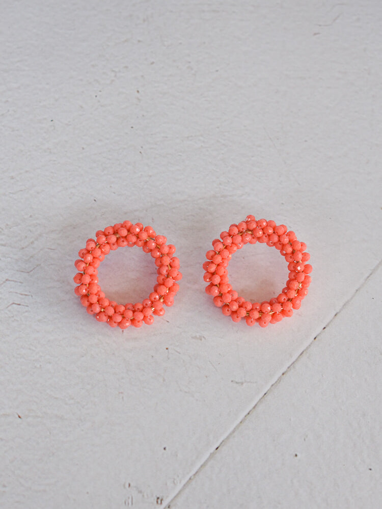 camille beaded circle earrings in coral, coral statement earrings, coral circle earrings