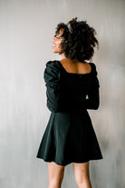 black mini dress with puff sleeves, khaite dress lookalike, black skater dress, black cocktail dress, date night outfit, winter date night dress