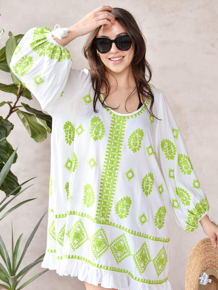 Cayman Lime Embroidered Scoop Neck Beach Cover-Up