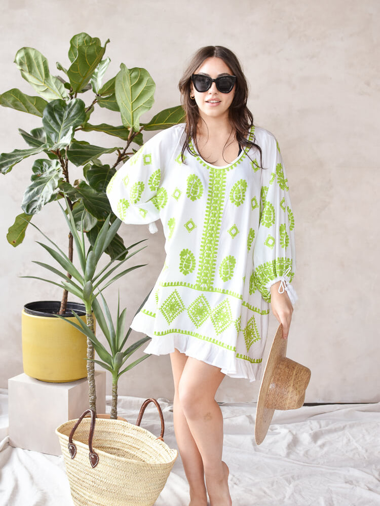 Cayman Lime Embroidered Scoop Neck Beach Cover-Up
