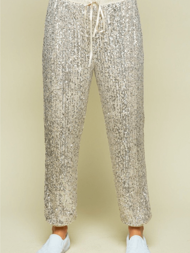 Champagne Gold Sequin Joggers-Style Trousers | SilkFred UAE