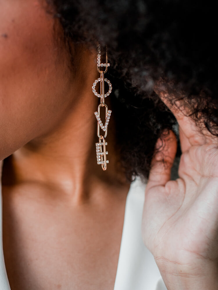 true love statement earrings, love graphic earrings with rhinestones, studded love earrings, bridal accessories