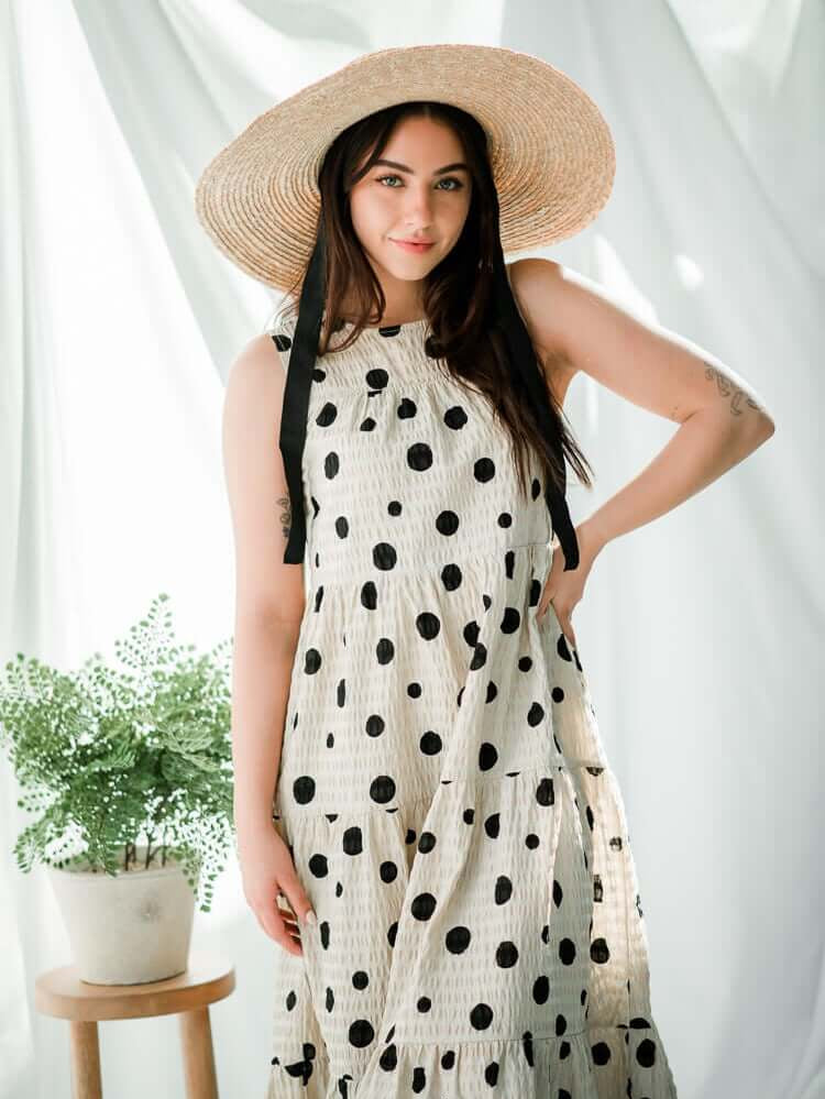 khaki polka dot dress, polka dot maxi dress, brown and black dot dress, summer dress