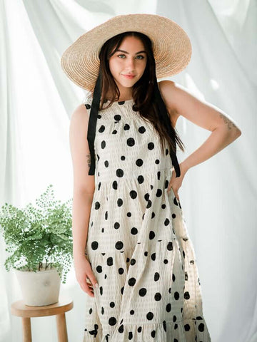 khaki polka dot dress, polka dot maxi dress, brown and black dot dress, summer dress