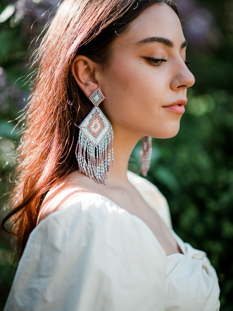 Clara Beaded Lilac Fringe Earrings