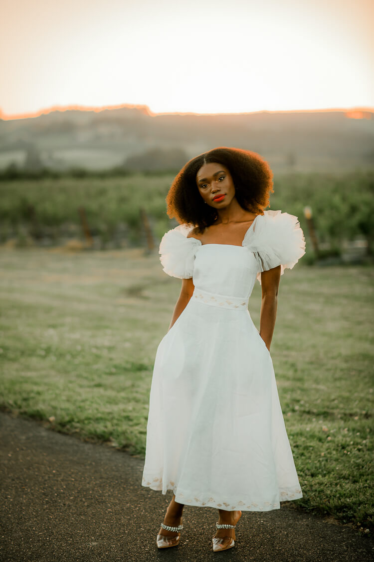 giamba tulle sleeve dress, white tulle dress, engagement party dress, elopement dress, rehearsal dinner dress