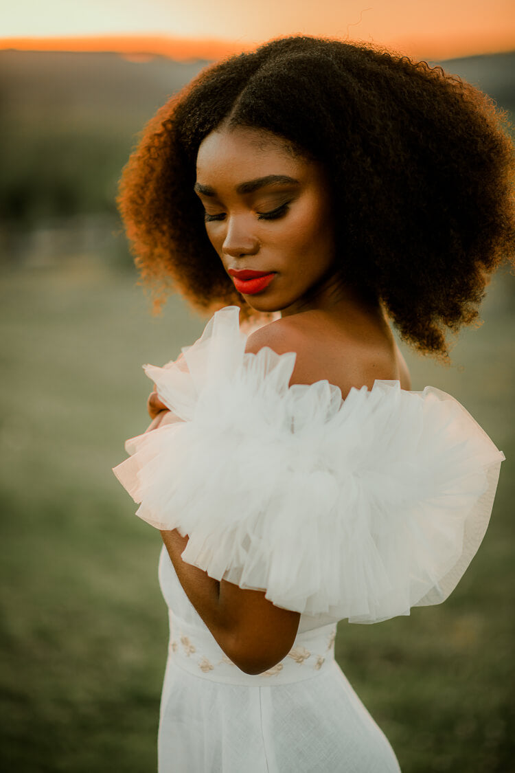 giamba tulle sleeve dress, white tulle dress, engagement party dress, elopement dress, rehearsal dinner dress