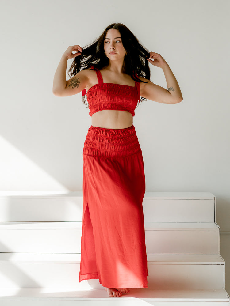 charlie holiday marsha cropped top, red vacation set, red maxi skirt set